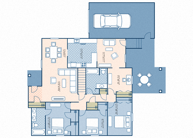 Floor plan for 3 beds, 2 baths, 1386 sqft
